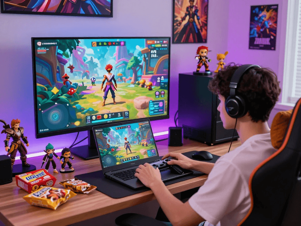 Engaging scene of a player exploring degrees of lewdity in immersive adult games on laptop amidst vibrant gaming decor.