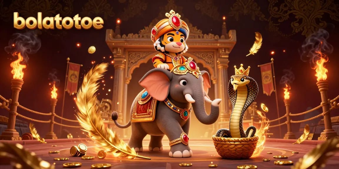 Experience the excitement of bolatotoe with a vibrant 3D illustration featuring a majestic maharaja tiger and jewel-encrusted elephant.
