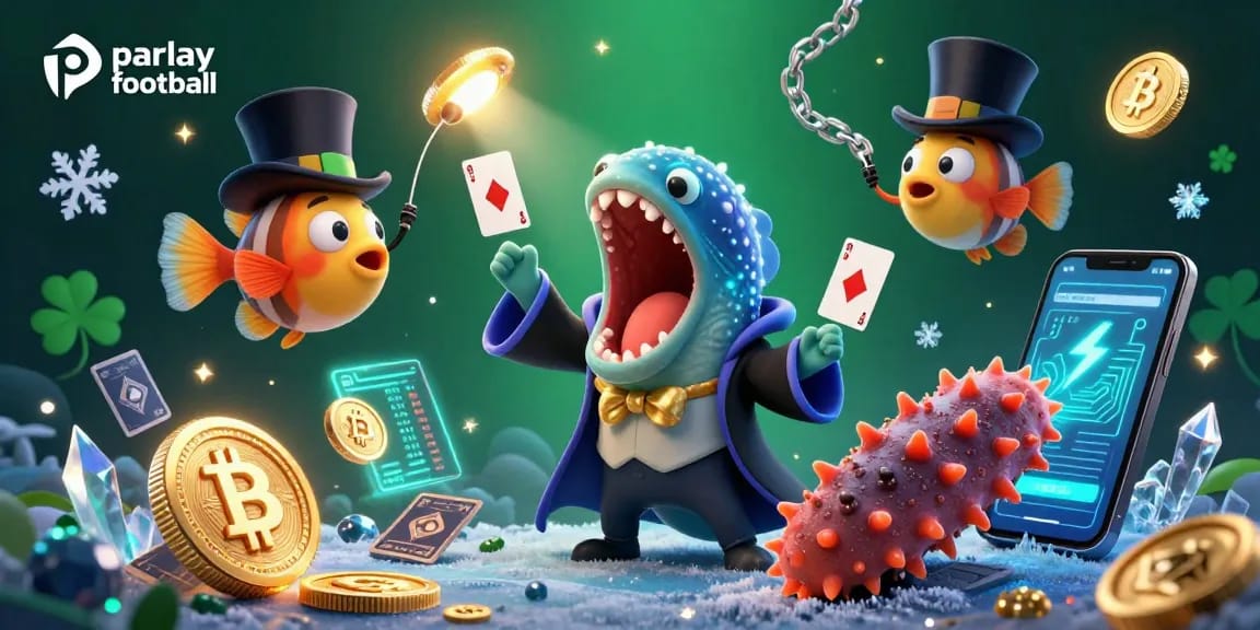 Engage in parlay football betting with the dynamic scene featuring characters performing magic tricks and cryptocurrency elements.