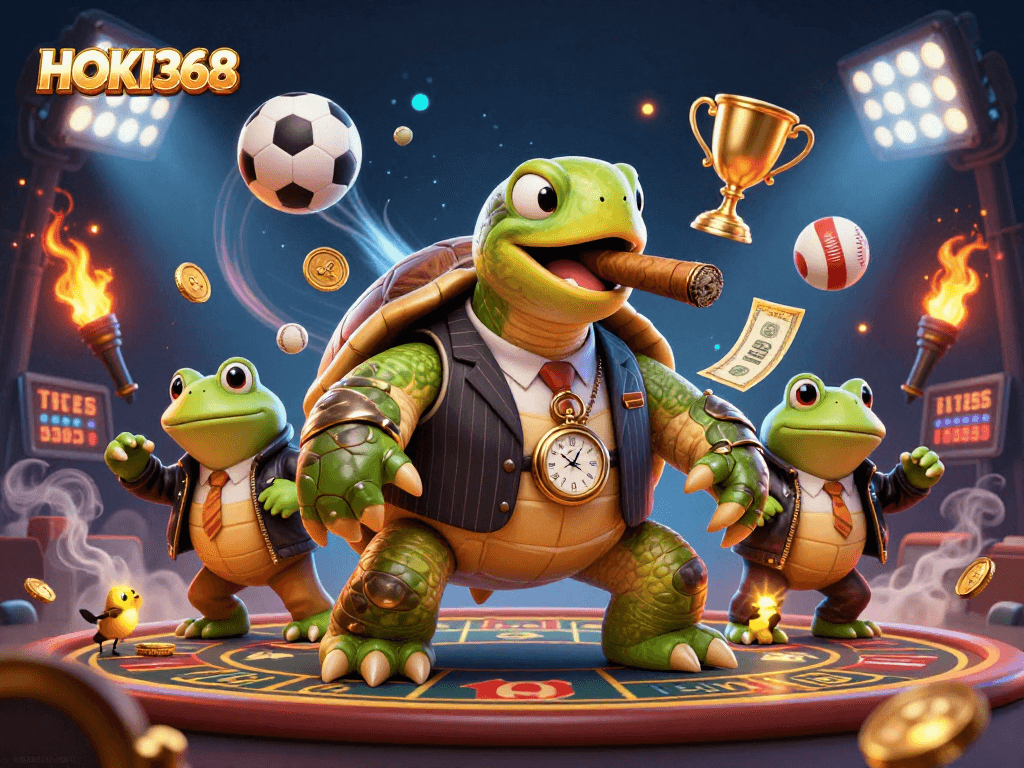 HOKI368 introduces dynamic sports elements with a turtle and bullfrogs celebrating casino successes.