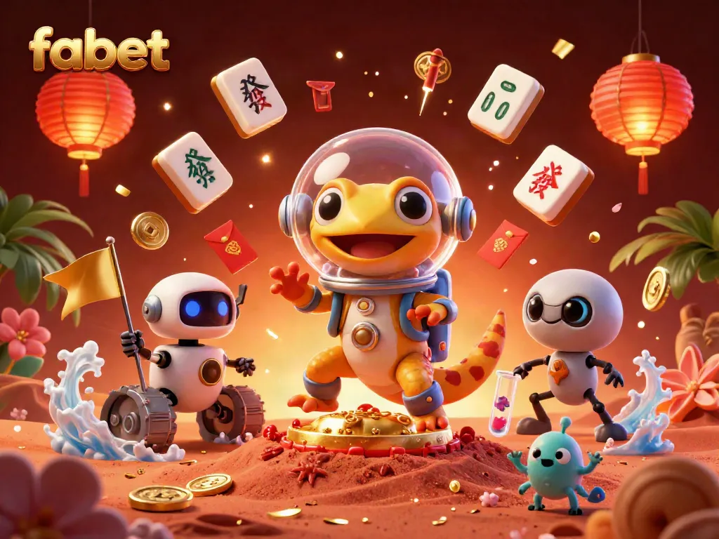 Experience the thrills at fabet with a Martian gecko and vibrant casino elements in a stunning digital scene.