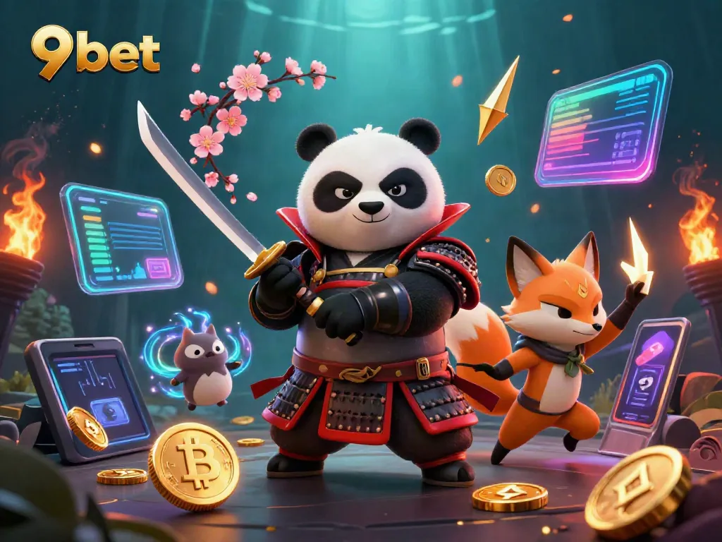 Experience the thrill of 9bet with a vibrant 3D gaming illustration featuring samurai, fox, and magical elements.