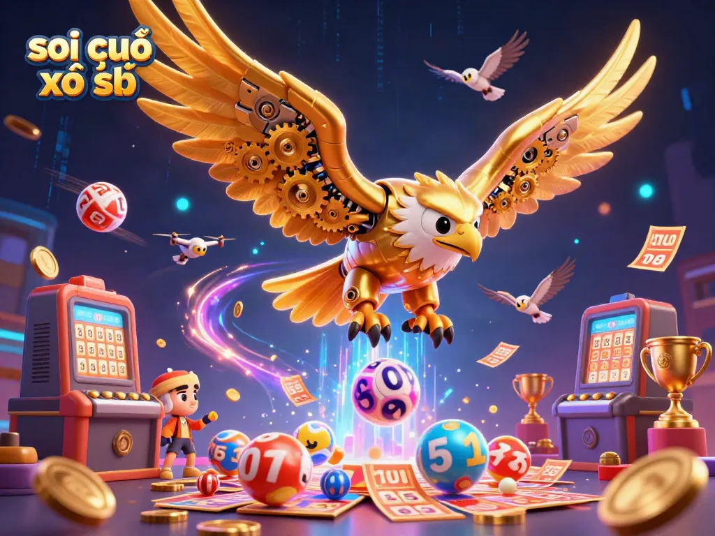 Experience dynamic action with soi cầu xổ số featuring a cybernetic eagle and lottery balls in an exhilarating scene.