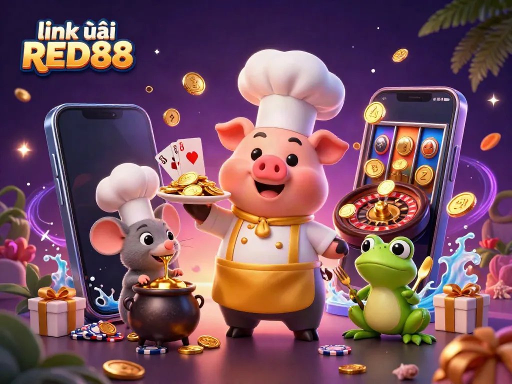 Experience excitement and wealth with link vào RED88 featuring vibrant gold coins served by playful characters in a casino setting.