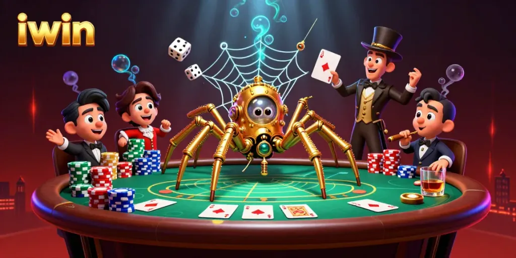 Catch the excitement of iwin gaming with a 3D steampunk spider capturing poker dice in its gold web.