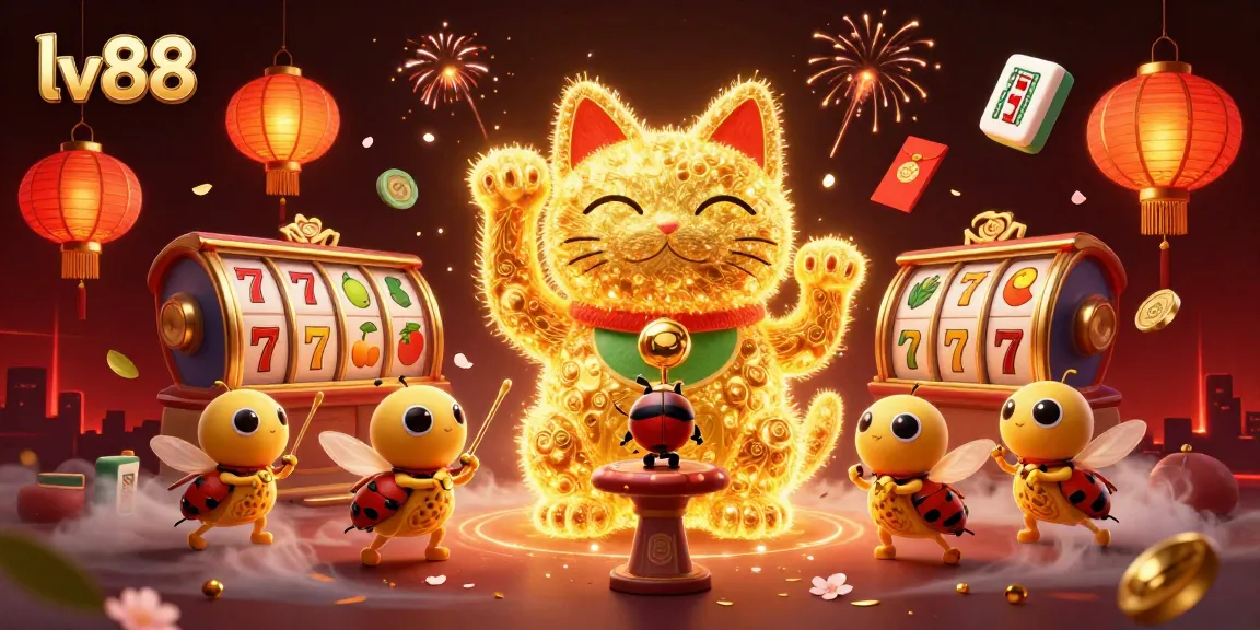 Experience the excitement of lv88 with vibrant casino symbols and a lucky cat illustration.