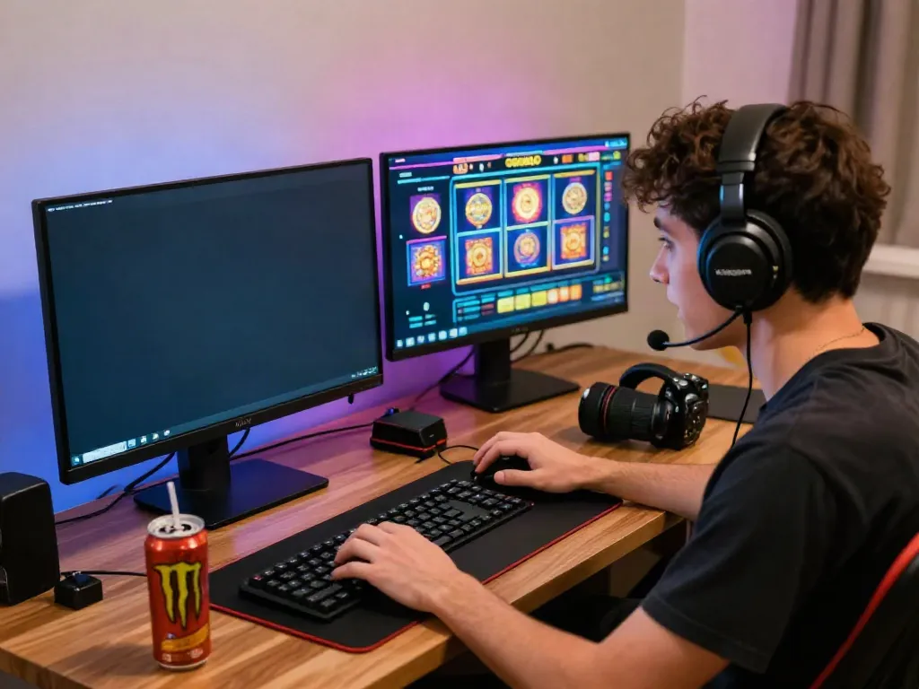 Engaged player at ODDIGO gaming setup enjoying situs gacor slot games.