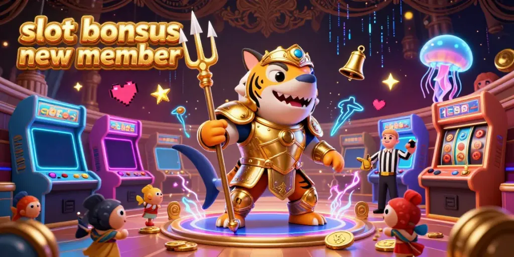 Engage with slot bonus new member excitement depicted in a vibrant underwater colosseum illustration, showcasing energetic gaming elements.