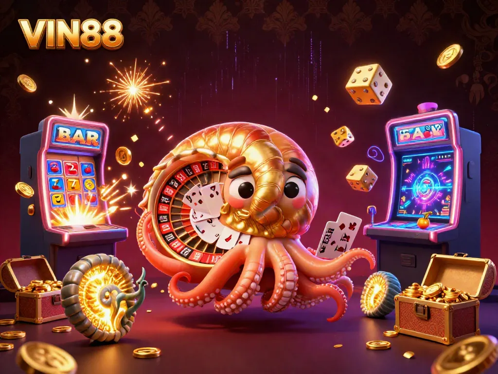 Win big at VIN88 with a vibrant 3D casino scene featuring a giant nautilus roulette wheel.