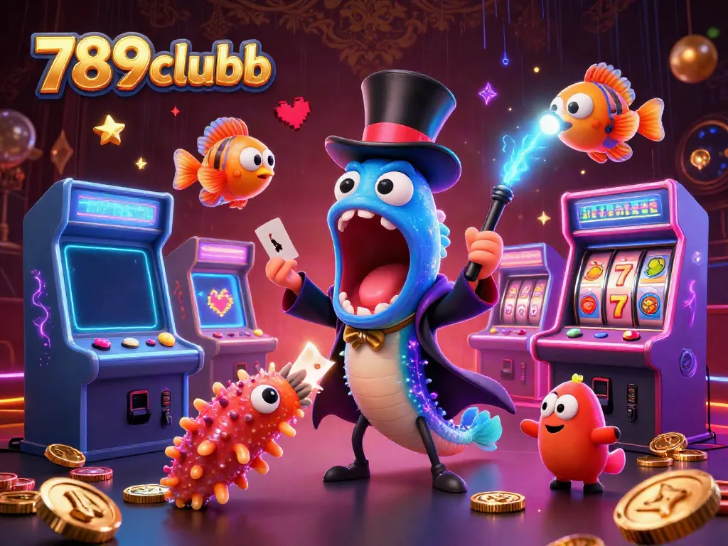 Engage in thrilling gaming action at 789clubb with vibrant elements showcasing unique card tricks, arcade machines, and luminous characters.