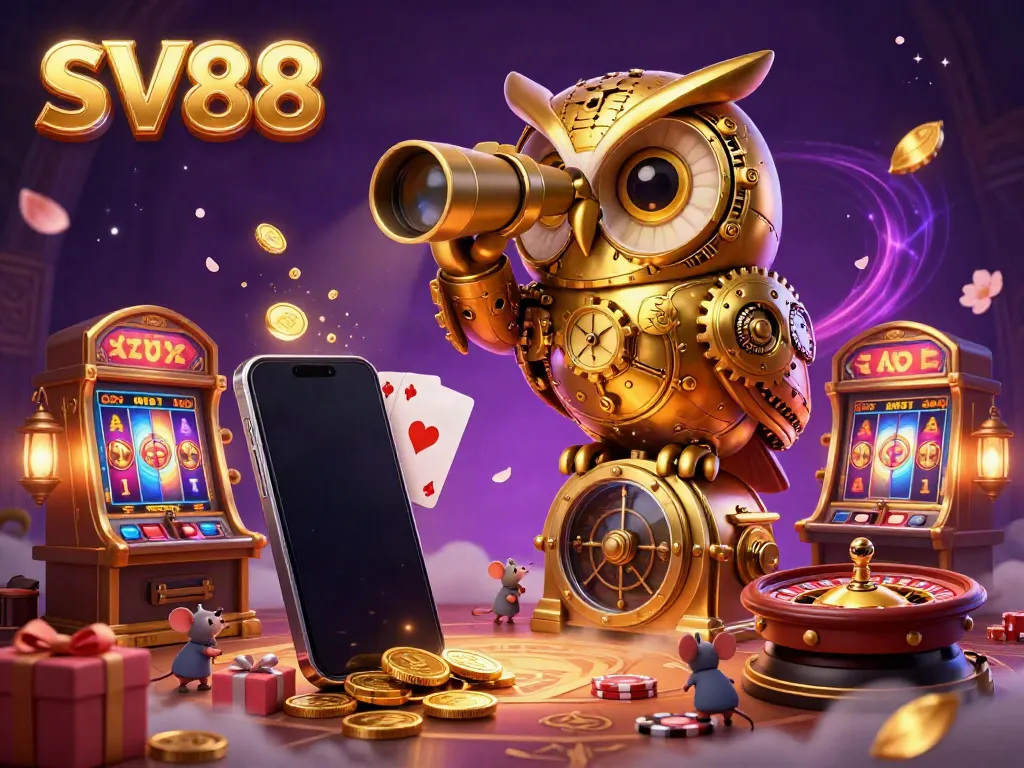 Enjoy thrilling gameplay at SV88 with an illustrated scene of a golden owl surveying a bustling casino floor.