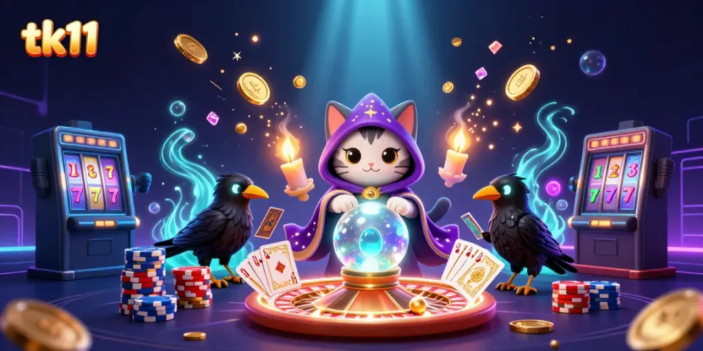 Engage in tk11 casino magic with a mystical cat and raven amidst coins, cards, and glowing gems.