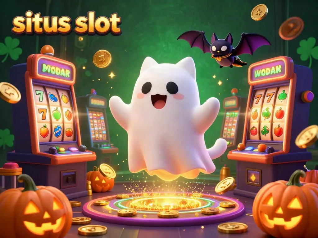 Experience the magic of situs slot with a vibrant 3D illustration of a playful ghost cat in a dynamic casino atmosphere.