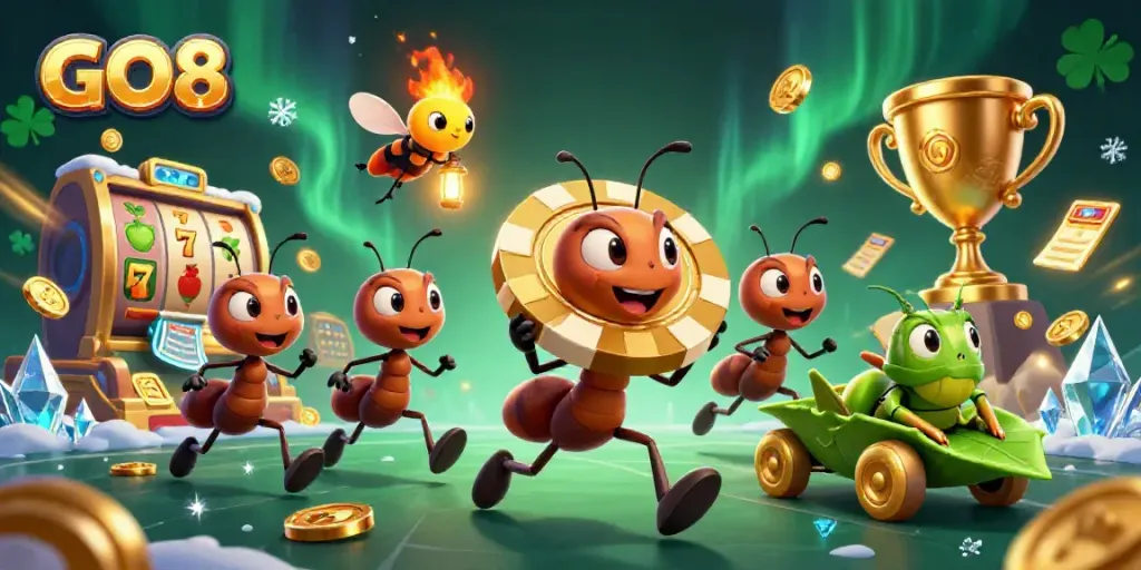 Engaging GO8 scene with cartoon ants carrying a giant poker chip, symbolizing gambling excitement.