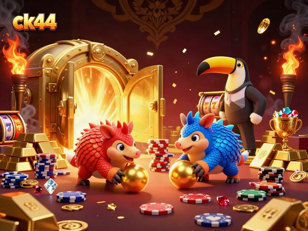 Engage with ck44's thrilling gaming scene featuring rival pangolins amidst sparkling treasures.