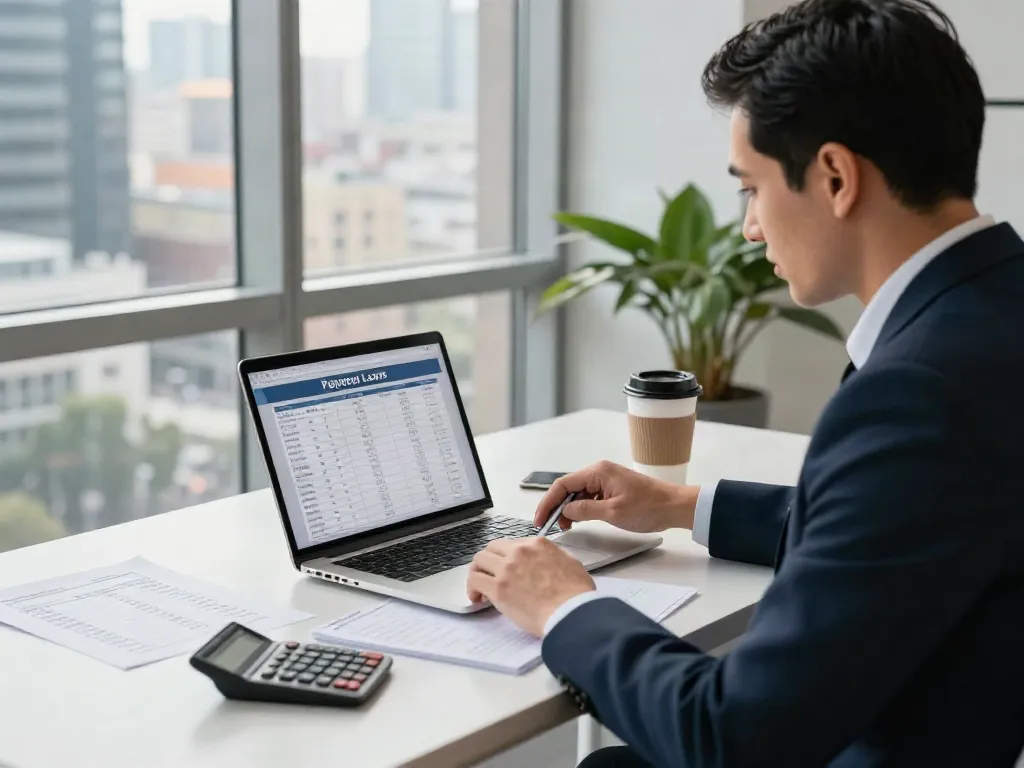 Financial advisor analyzing payday loan data at https://edmonton.paydayloans-on.ca in an urban office.