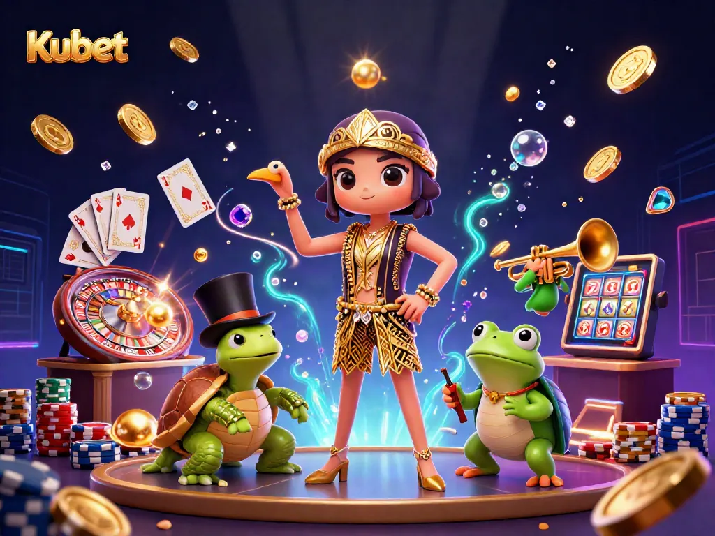 Kubet enhances gameplay with a lively scene featuring a flapper crane, top-hat turtle, and trumpet frog in a casino.