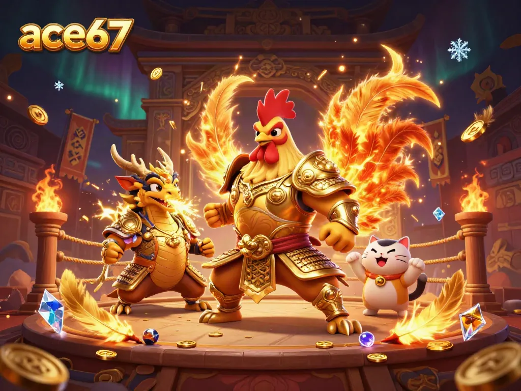 Experience thrilling battles at ace67, featuring a fighting rooster warrior and dragon hatchling with casino elements and gold coins.