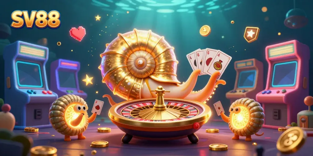 Engage in thrilling gameplay at SV88, featuring a nautilus roulette wheel and colorful arcade elements.