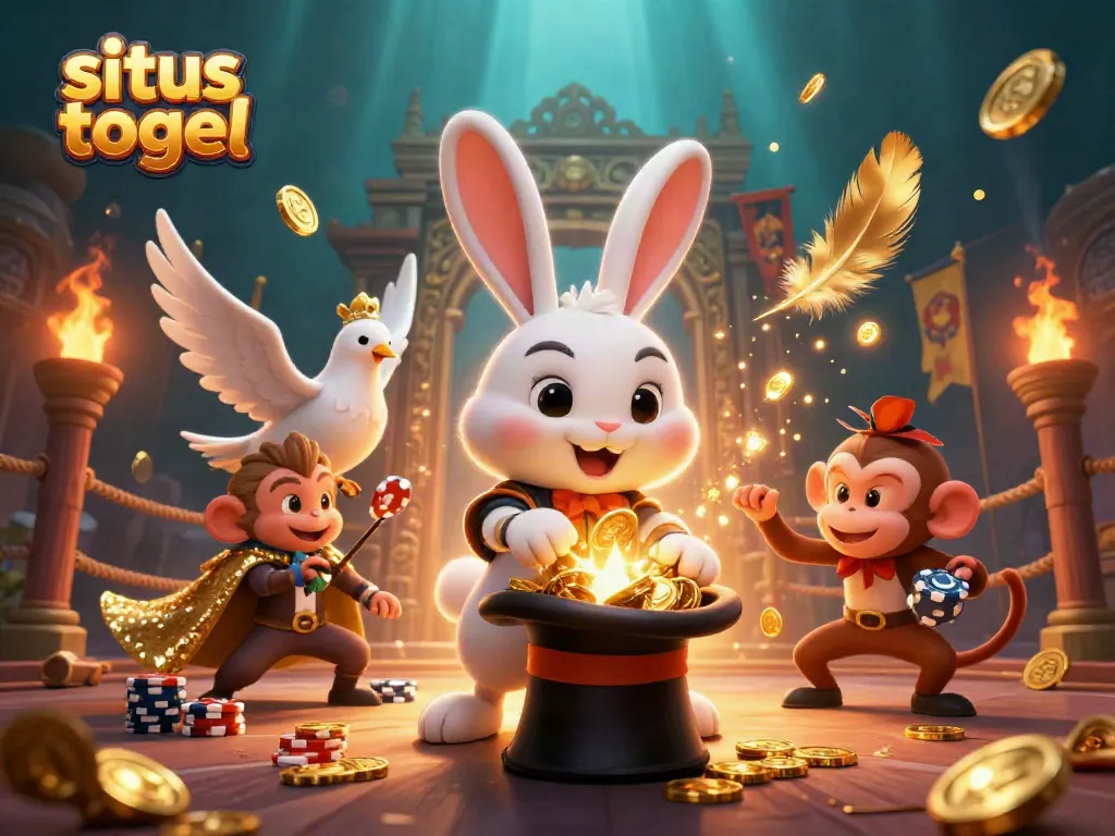 Experience magic with situs togel, featuring a magician rabbit, a dove, and a cheeky monkey amidst gold coins.