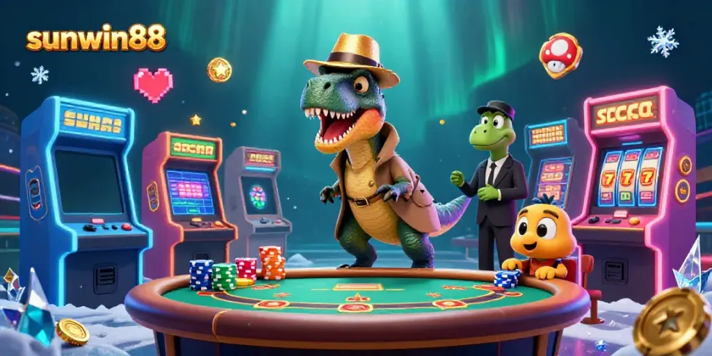 Engage in lively gaming action with sunwin88, featuring a velociraptor at a blackjack table amidst stunning casino visuals.