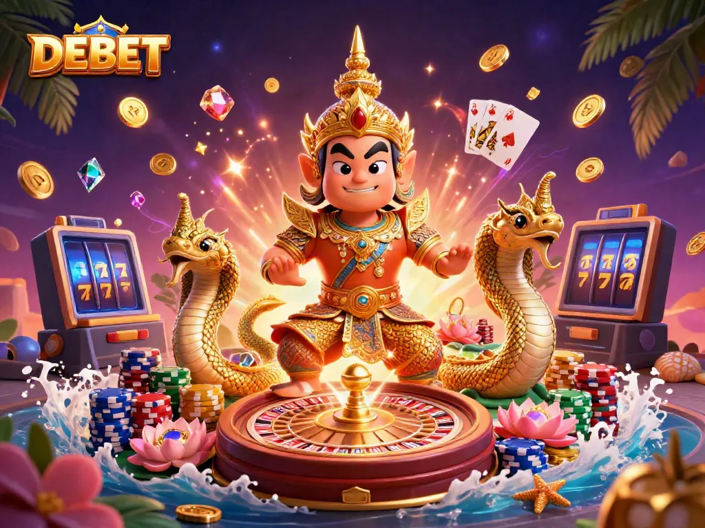 Engage in thrilling gameplay at DEBET with gold coins, a roulette wheel, and colorful poker chips.