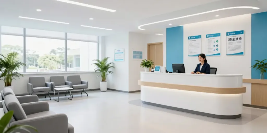 A modern healthcare clinic promoting patient care with link gacor resources. Friendly staff and welcoming atmosphere.