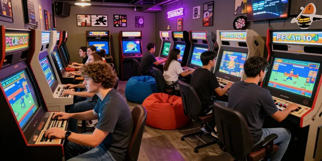 Players enjoying PECAH404 arcade games in a lively nostalgic environment