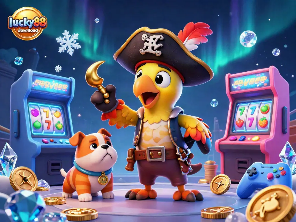 Experience thrilling gameplay with the lucky88 download in this vibrant 3D casino scene featuring lively characters and game elements.