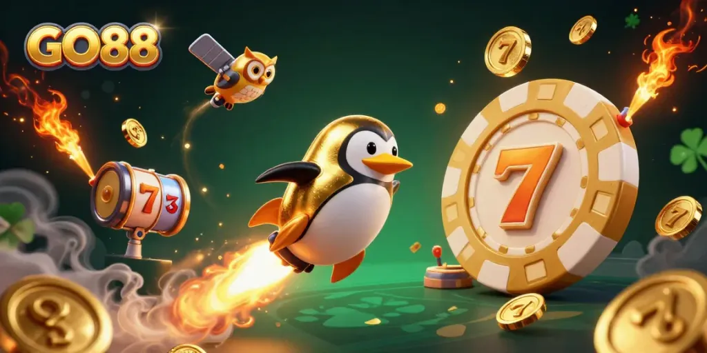 GO88 golden penguin blasts towards a poker chip casino, surrounded by slot reels and trophies.