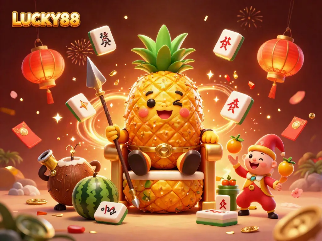 Experience exhilarating gaming with LUCKY88 featuring a golden pineapple king and vibrant casino elements.