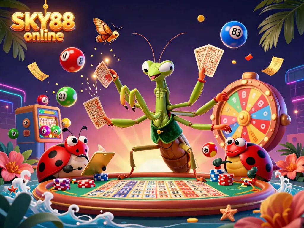 Experience exciting games at SKY88 online, featuring dynamic casino scenes with lottery elements and vibrant characters.