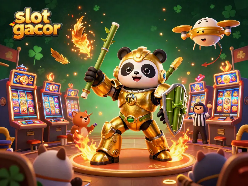 Experience the thrill of slot gacor games with a bustling casino scene featuring a golden panda robot.