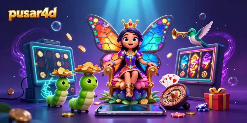 Experience the vibrant world of pusar4d with a colorful butterfly queen and dynamic casino elements.