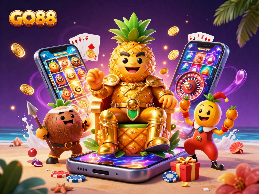 Experience GO88's thrilling casino excitement with a vibrant 3D scene featuring characters and gaming elements.
