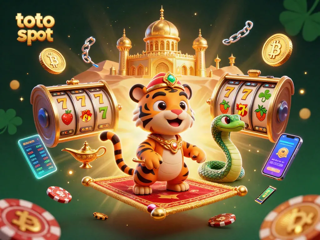Spin the toto slot with a vibrant 3D casino scene featuring ornate characters and jackpot symbols.