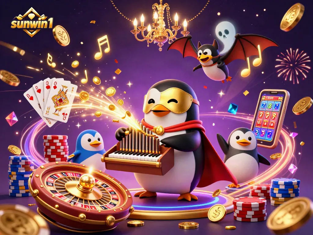 Experience thrilling gameplay with sunwin1, featuring a lively casino scene of a penguin and bat amidst cascading coins.