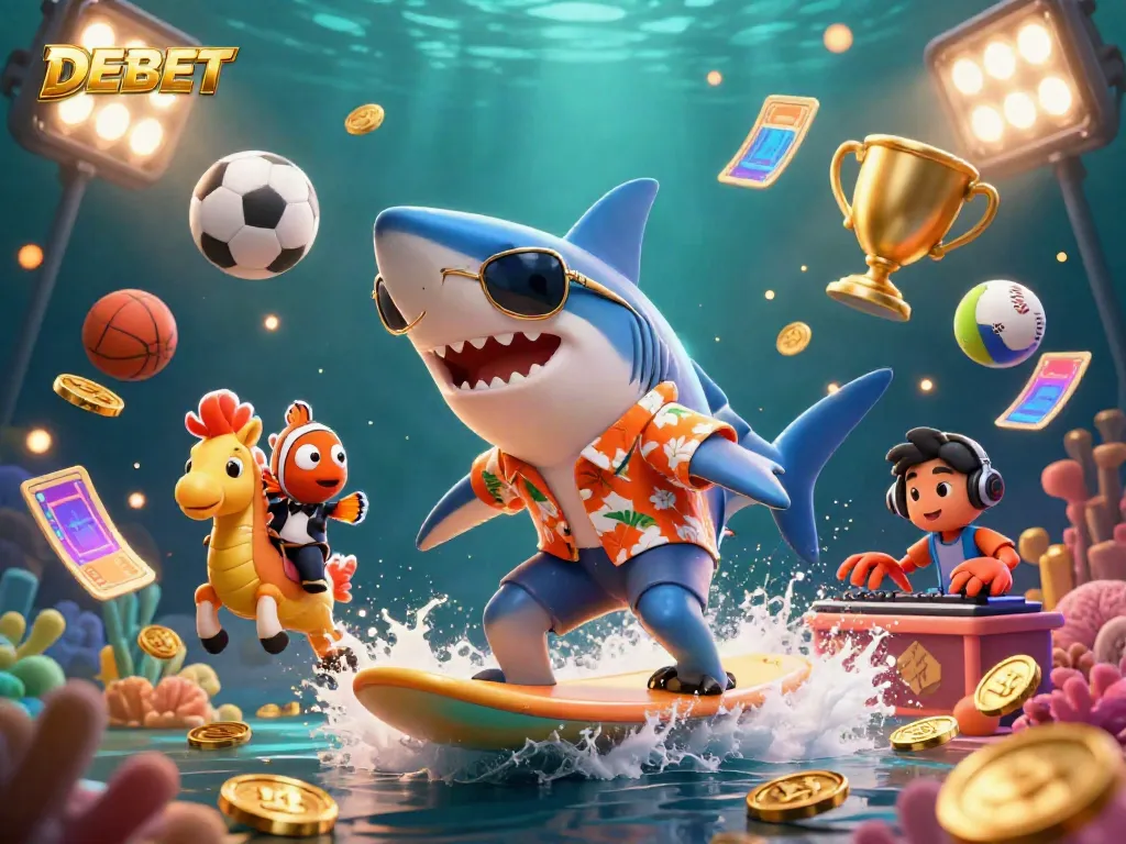 Experience thrilling adventures with DEBET as the shark surfs on gold coins amidst vibrant sports elements.