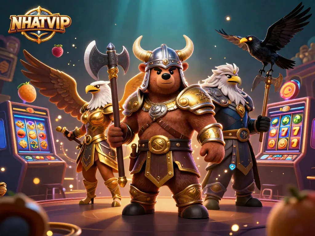 Experience the thrill of NHATVIP with a vibrant casino scene featuring slot reels and fantasy characters.
