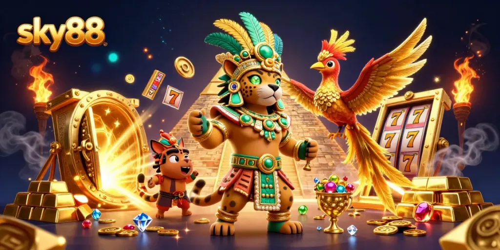 Experience the thrill of sky88 through vibrant casino elements including slot reels and gold treasures.