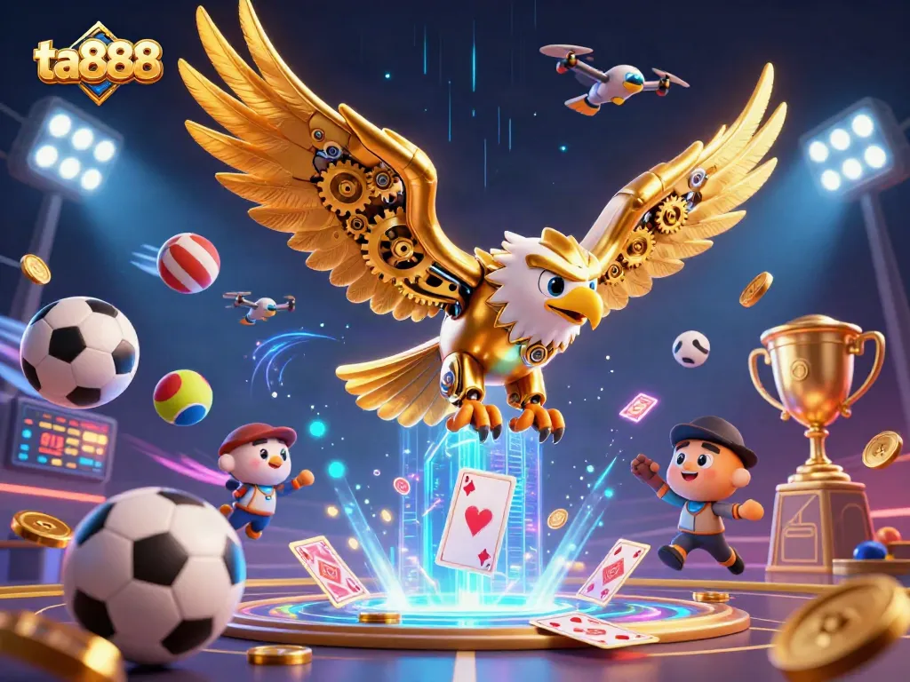 Watch the ta888 eagle soar through holographic cards while sports elements create excitement in this digital gambling illustration.