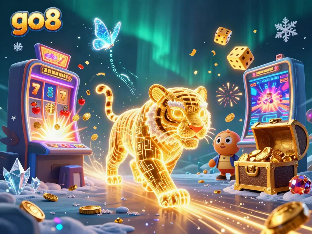 Engage with the go8 digital casino landscape featuring a neon tiger, jackpot slot machines, and winning symbols.