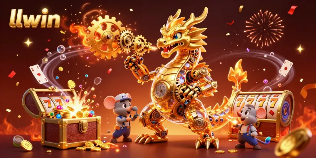Experience the thrilling dynamics of llwin gaming with a biomechanical dragon and golden treasures.
