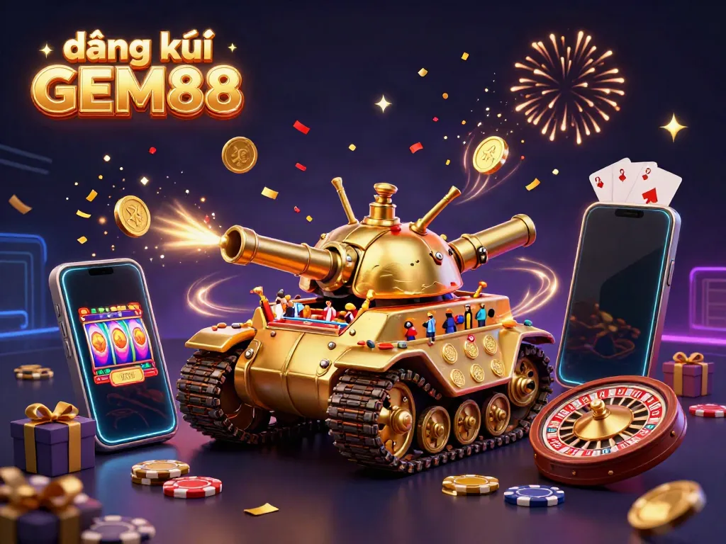Experience excitement with đăng ký GEM88 in a vibrant casino scene featuring a golden beetle tank and fun gaming elements.