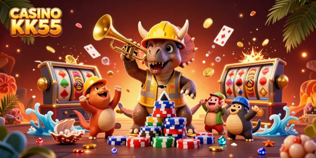 Experience the excitement of CASINO KK55 with a joyful triceratops and vibrant casino elements.