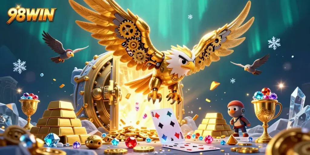 98WIN showcases a cybernetic golden eagle surrounded by dazzling casino elements, emphasizing gaming excitement.