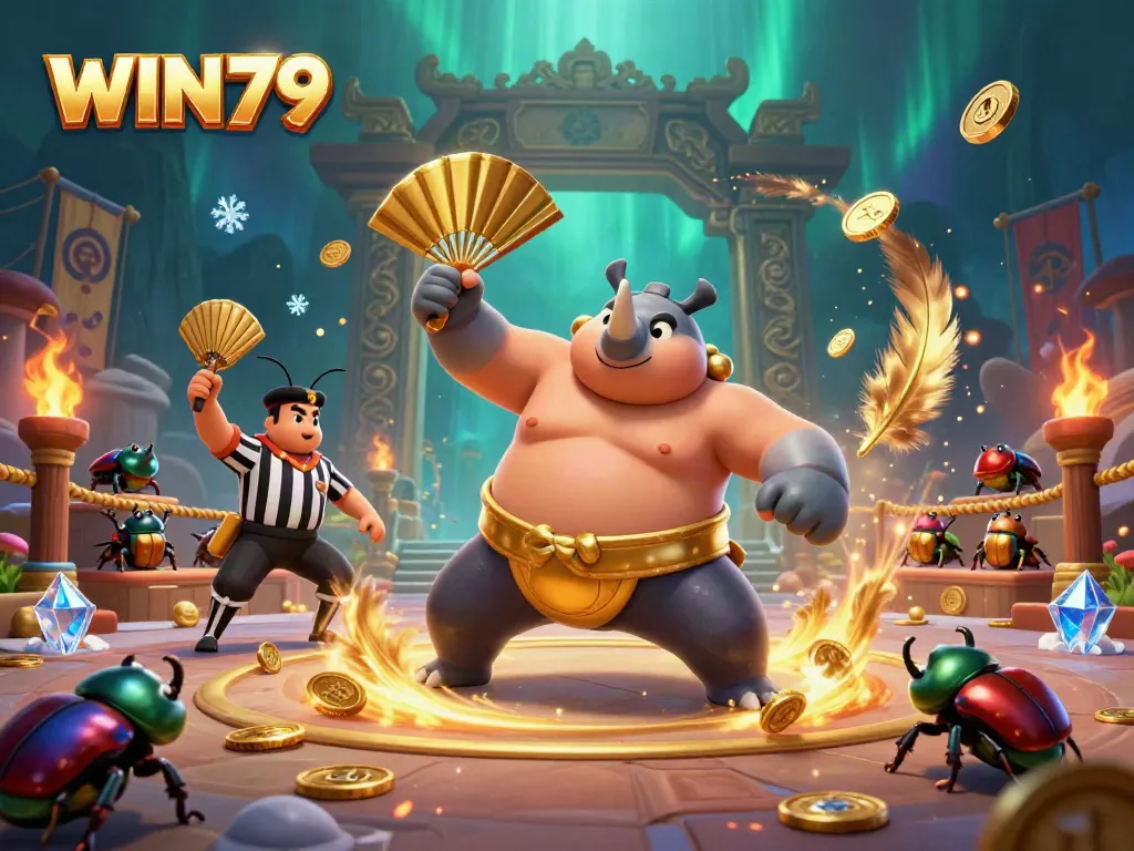 Experience the WIN79 excitement as the beetle champion stomps coins in this dynamic casino scene.