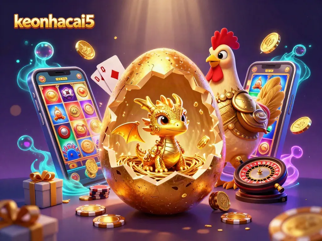 Engage with keonhacai5, featuring a golden dragon on poker chips amidst vibrant gambling elements.