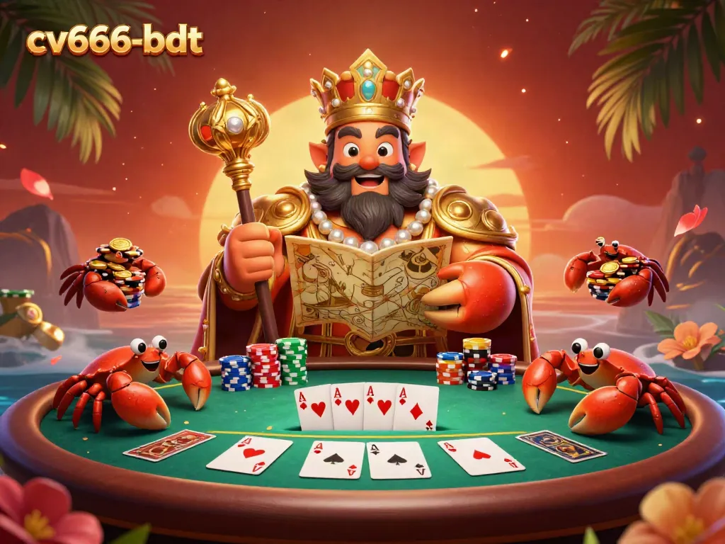 Engage with the vibrant cv666-bdt world of poker featuring a golden crab emperor and stacked chips.