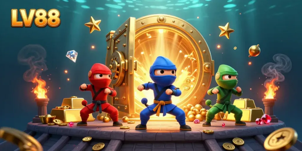 Experience the thrill of LV88 with three ninja chameleons performing martial arts amidst treasure vaults.